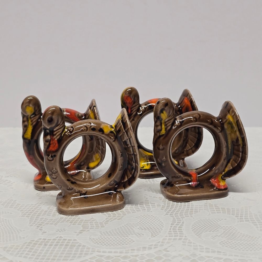MCM Vintage Ceramic Turkey Napkin Ring Holders Set Of 4 Thanksgiving Christmas